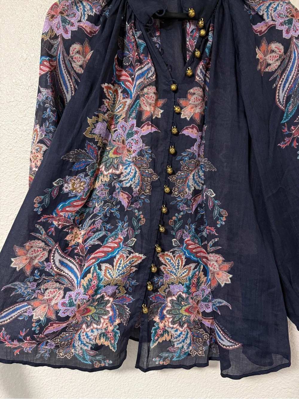 Zimmermann Rhiannon Billow Blouse 100% Ramie Paisley Boho Sheer Navy Top M - Picture 8 of 14